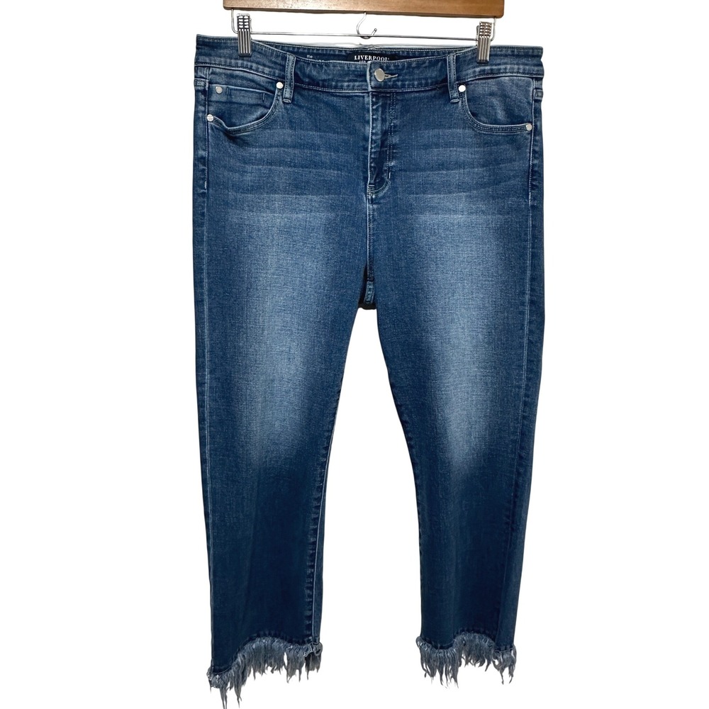 Liverpool The Crop‎ Flare Womens Size 14 Blue Frayed Hem Stretch Denim Jeans